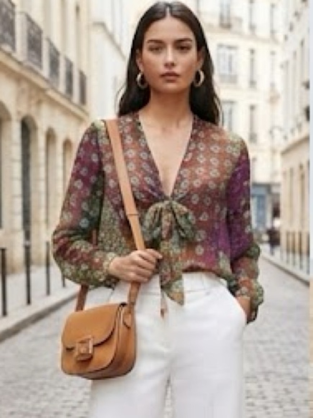 Zara Artisan Mixed Print Higher-Tier Bohemian Patchwork Tie-Neck Blouse Sz XL